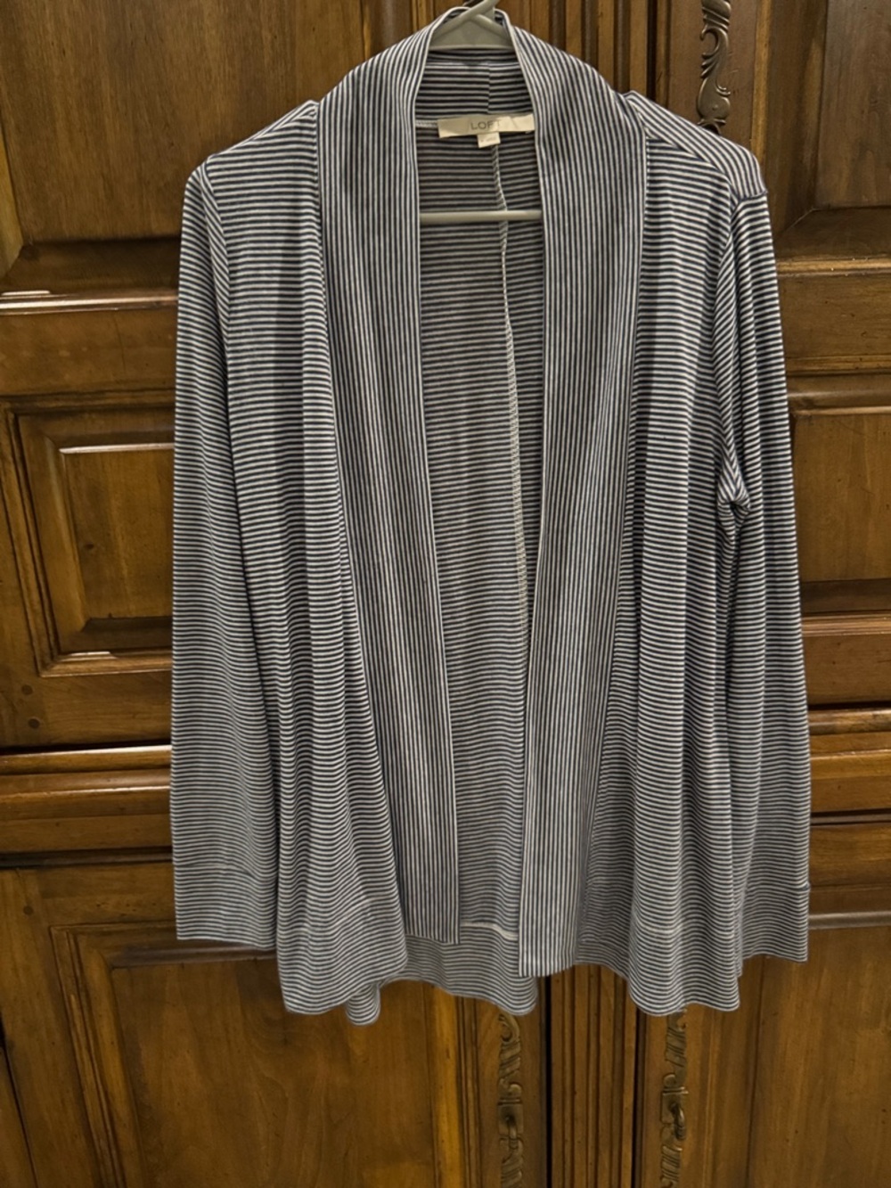 LOFT Navy & White Striped Open Cardigan